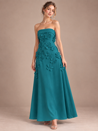 Teal Strapless 3D Floral Appliques Maxi Dress
