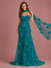 Blush Pink Strapless Sweetheart 3D Floral Tulle Mermaid Prom Dress