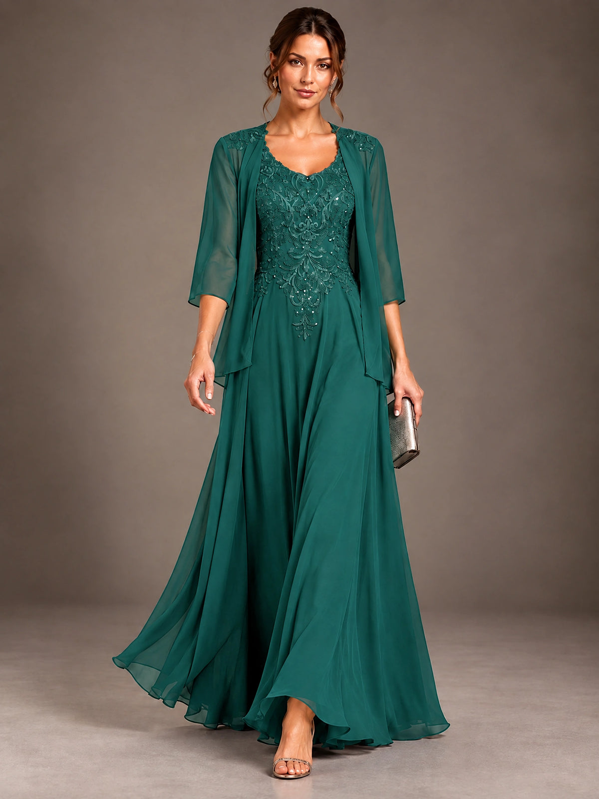 A-line 2 Pieces Chiffon Appliques Mother of The Bride Dresses with Jackets