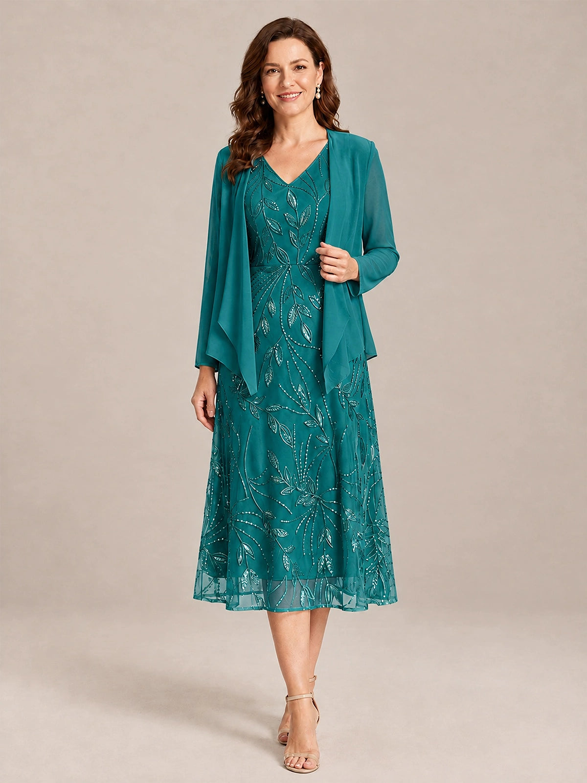 Teal-2 Piece Lace Appliques Chiffon Mother of The Bride Dress with Sequin