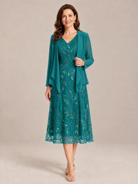 Teal-2 Piece Lace Appliques Chiffon Mother of The Bride Dress with Sequin