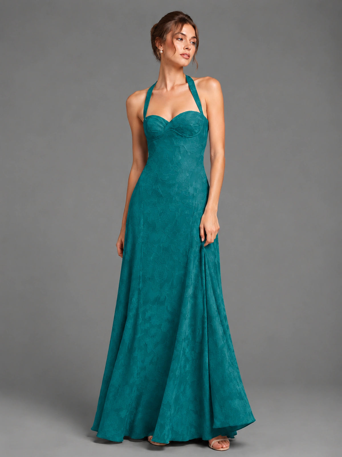 A-Line Halter Floral Chiffon Maxi Dress