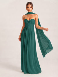 Teal Strapless Ruched Chiffon Long Prom Dress with Scarf A-line Sweetheart Ruffled Formal Wedding Guest Dress Evening Gown