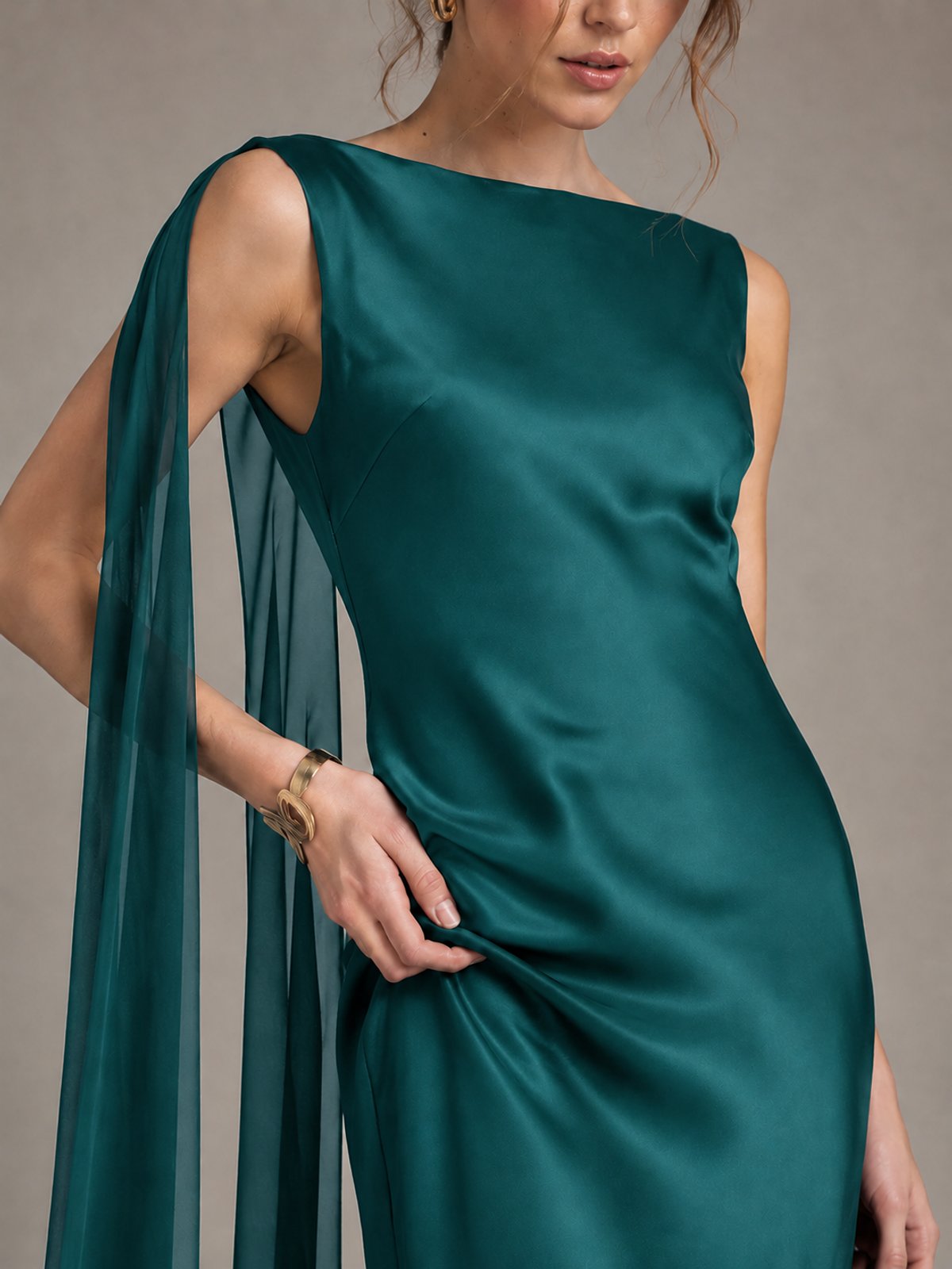Burgundy Satin Mermaid Cape Maxi Dress