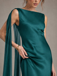 Burgundy Satin Mermaid Cape Maxi Dress