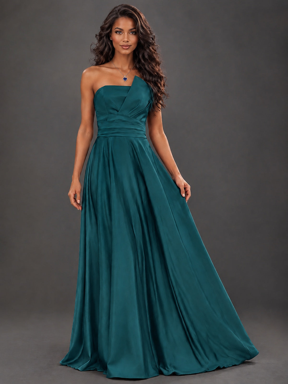 Draped Satin Prom Dress Strapless A-line Formal Dress Floor Length