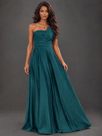 Draped Satin Prom Dress Strapless A-line Formal Dress Floor Length