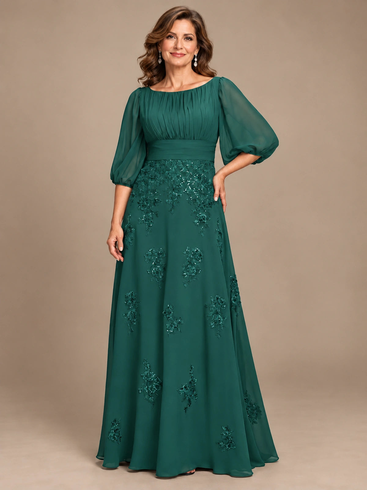 A-Line Mother of the Bride Dress with Sheer Puff Sleeves