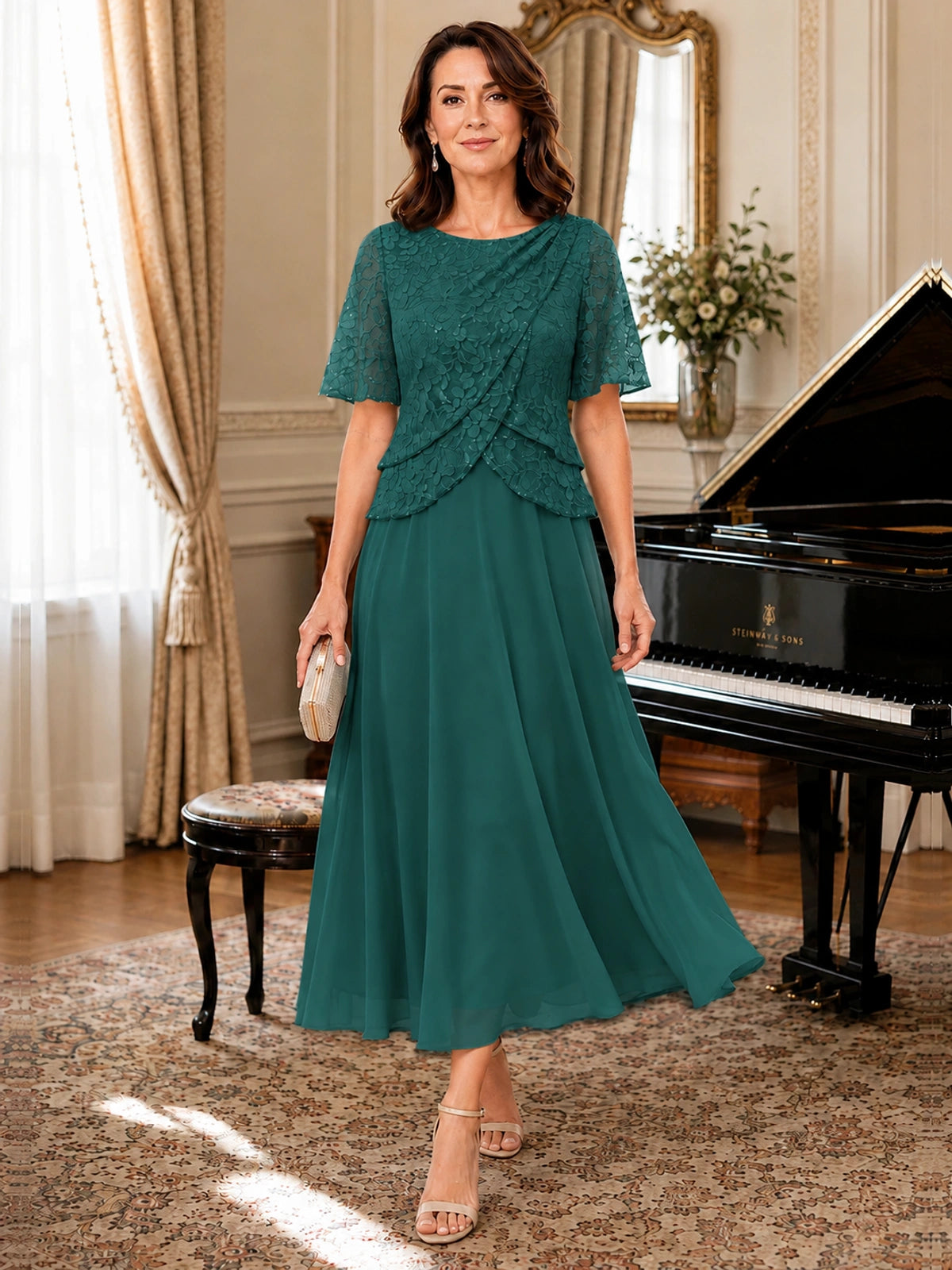 Tea-Length Chiffon Mother of the Bride Dress with Sequin Lace Sleeves