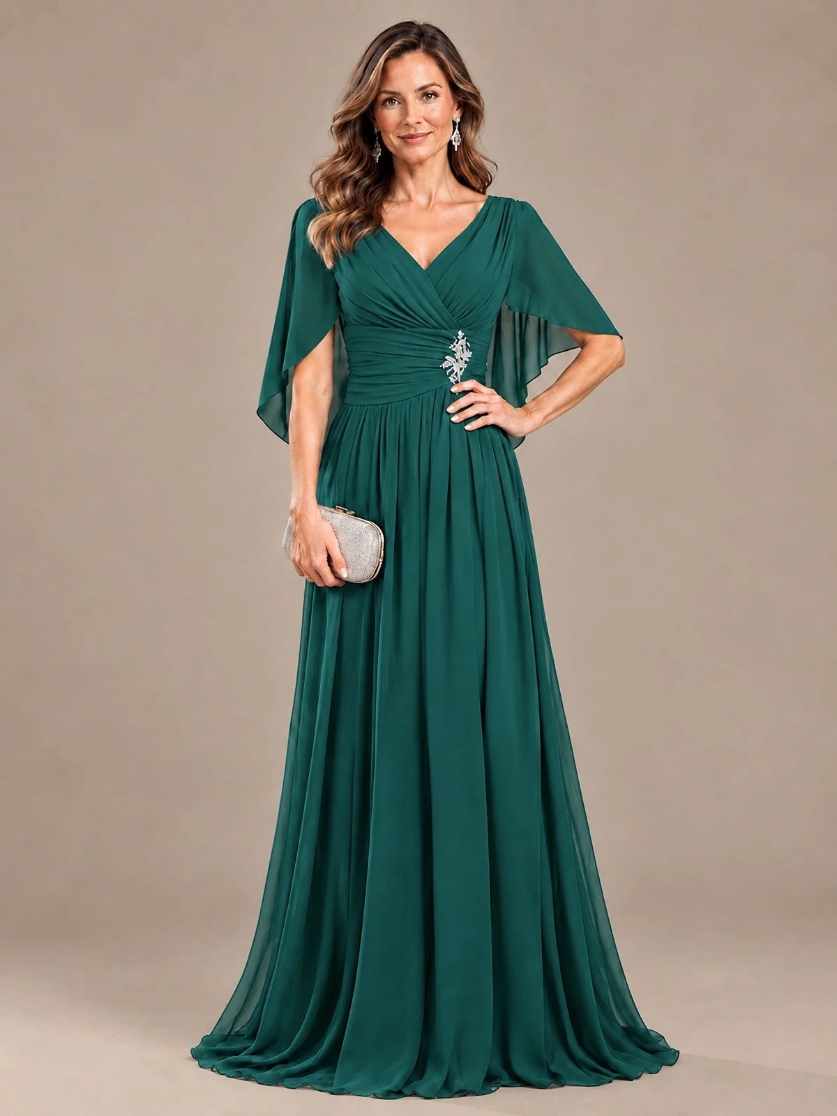 Ruched V Neck Mother of The Bride Dresses with Shawls Appliques and Cap Sleeves