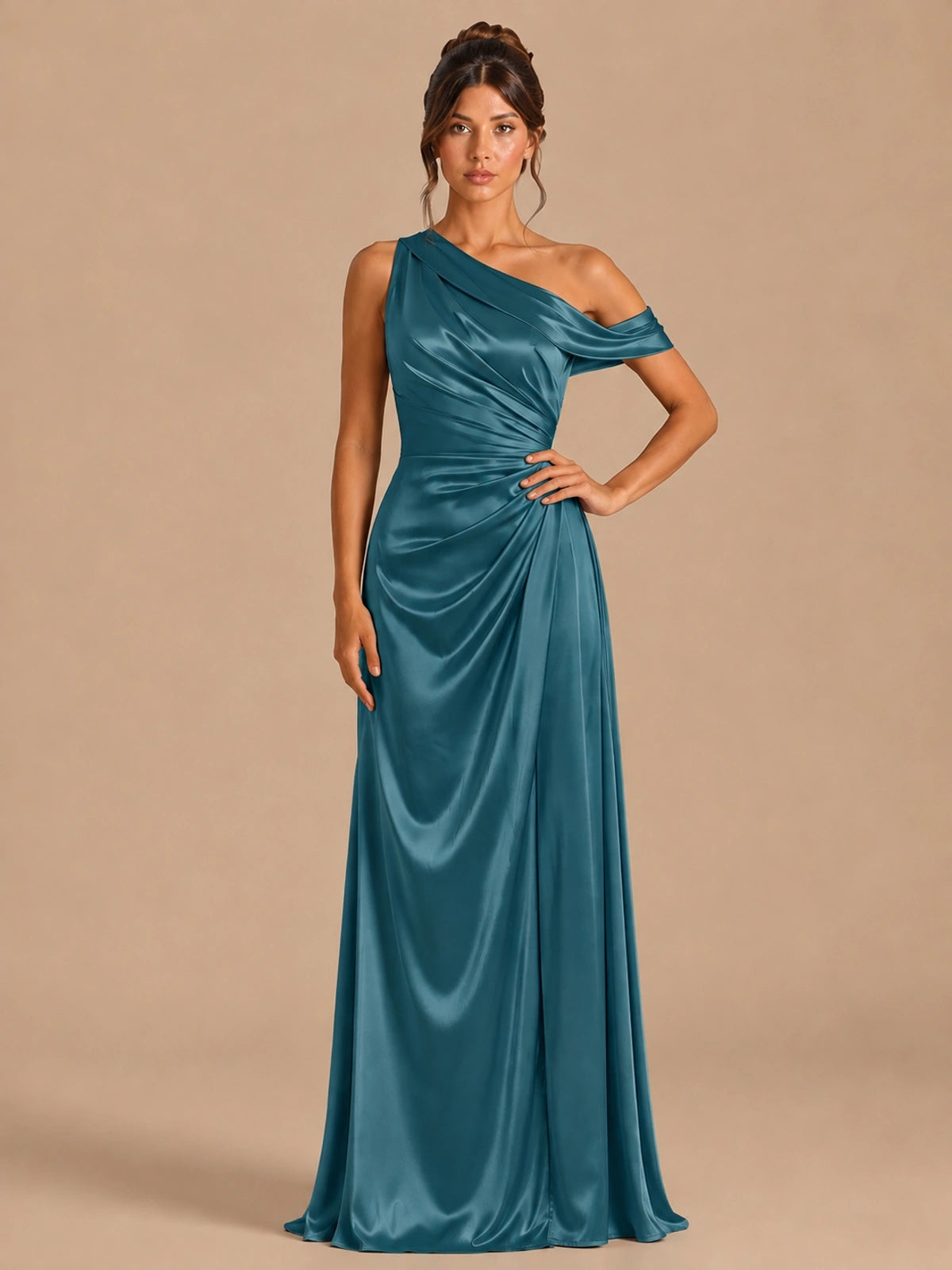 Teal-satin one shoulder prom dress ruched long formal gow Jovelle