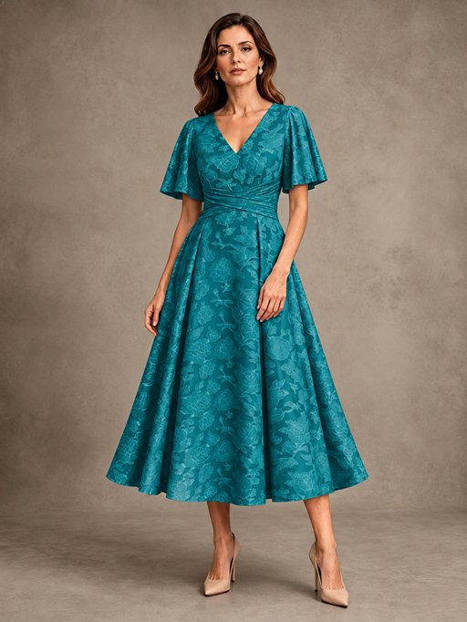 V-Neck Floral Jacquard Tea-Length Mother of the Bride Dress