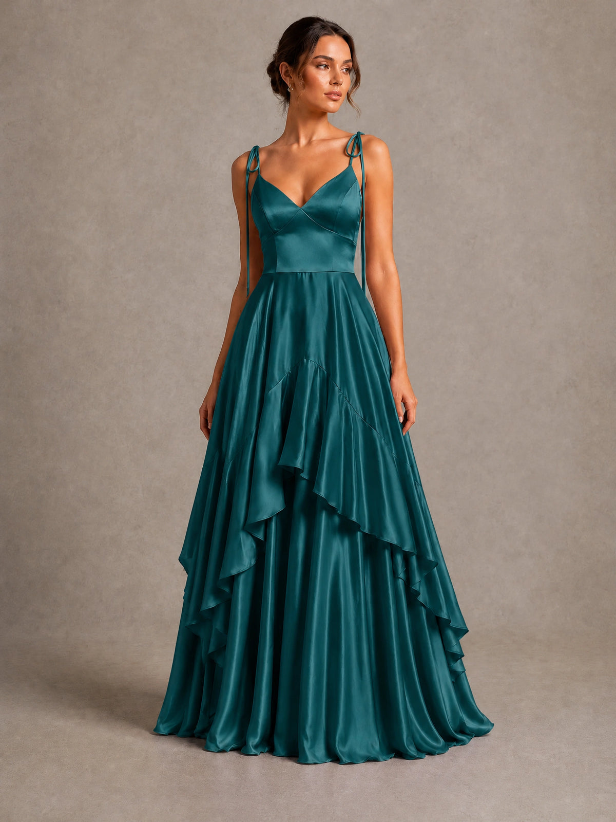 Lavender Satin V-Neck Ruffle Maxi Dress