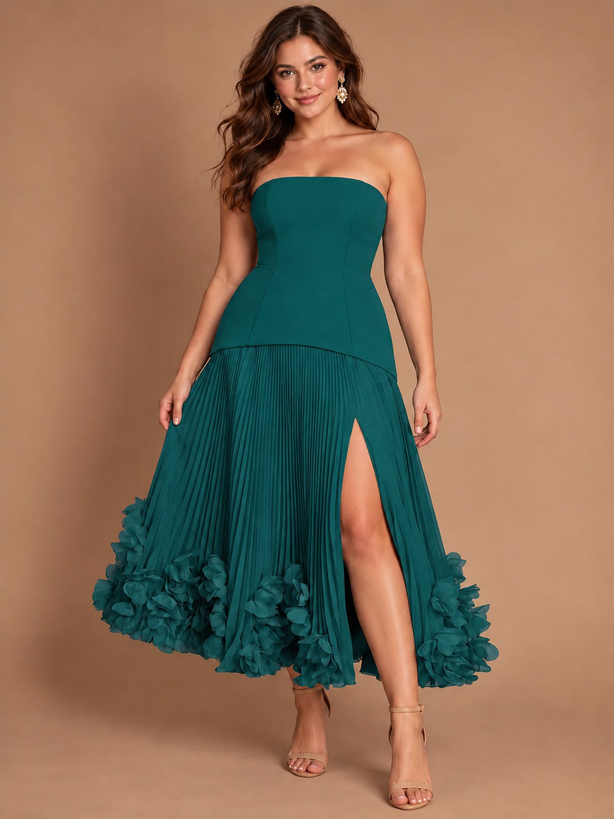 Navy Blue Strapless Pleated A-Line Midi Dress with 3D Floral Applique