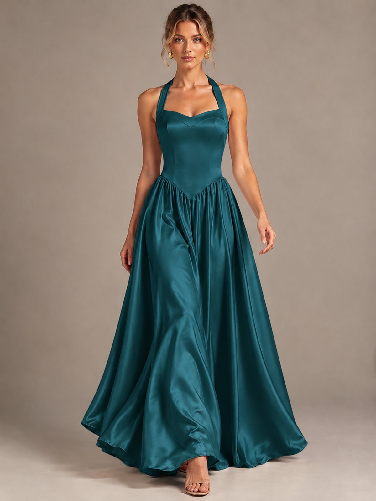 Light Yellow Halter Neck Satin A-Line Maxi Dress with Pockets