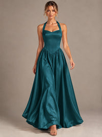 Light Yellow Halter Neck Satin A-Line Maxi Dress with Pockets