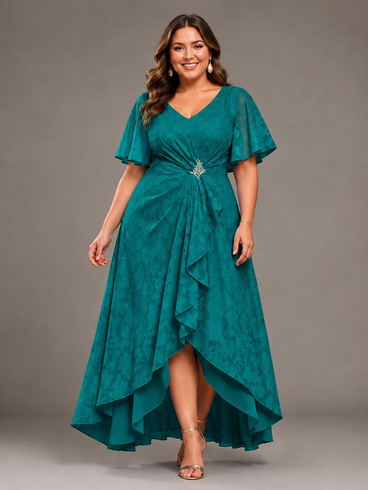 Jacquard Chiffon A-Line V-Neck High-Low Mother of the Bride Dress