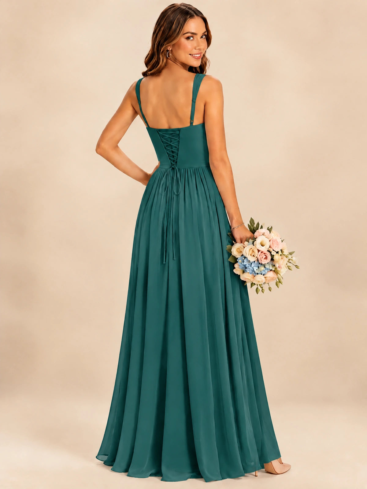 Spaghetti Straps Pleated Chiffon Bridesmaid Dress with Ruffle Slit