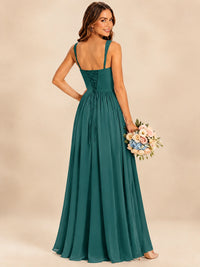 Spaghetti Straps Pleated Chiffon Bridesmaid Dress with Ruffle Slit