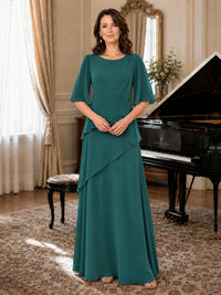 Asymmetric Draped Chiffon Mother of the Bride Dress with Flutter Sleeves