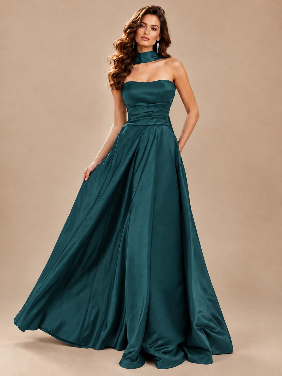 Strapless Prom Dress Side High Slit A-line Formal Dress with Scarf