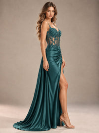 Mermaid Satin Prom Dress with Floral Appliqué Corset and High Slit