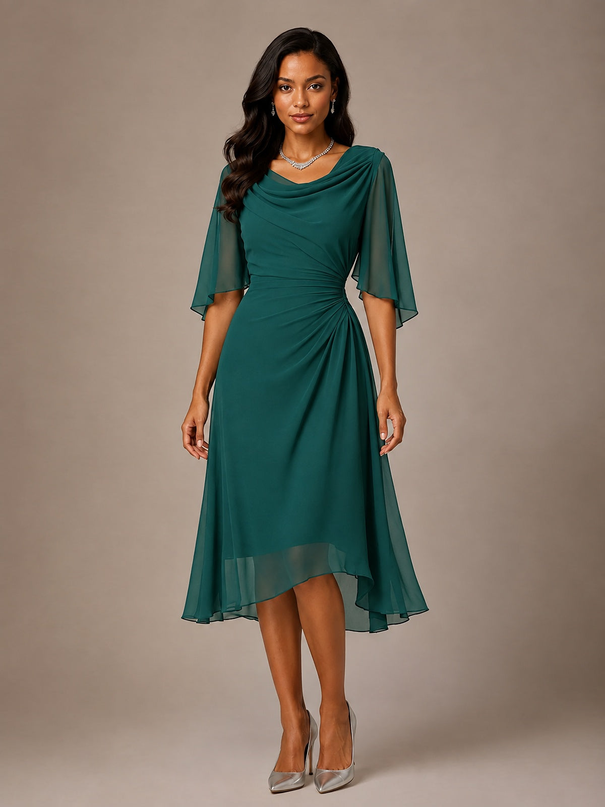 Cowl Neck Ruched Chiffon Mother of the Bride Dresses with Flutter Sleeves