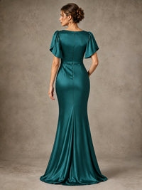 V-Neck Satin Mother of the Bride Dress with Flutter Sleeves