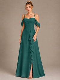 Spaghetti Strap Chiffon Bridesmaid Dress with Ruffles Slit