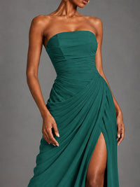 Strapless Bodycon Pleated Chiffon Formal Dress with Slit