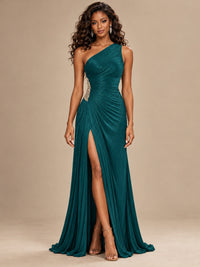 Burgundy One Shoulder Ruched Prom Dress with High Slit & Beaded Waist
