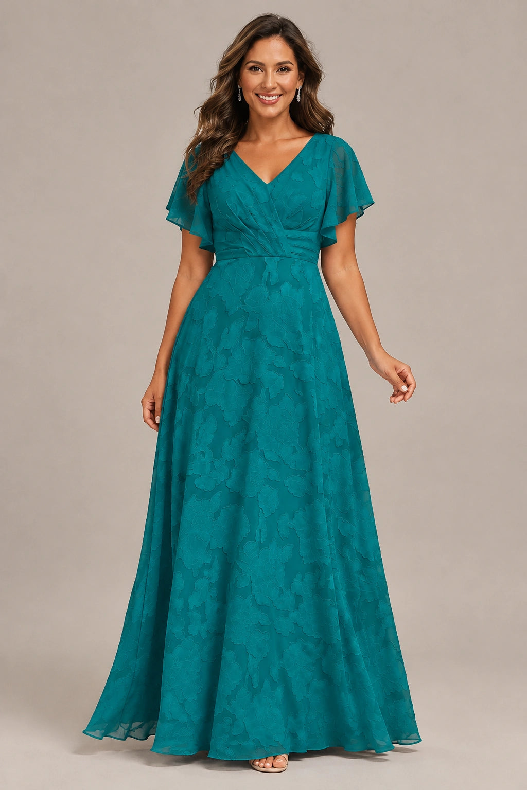 Jovellee Floral Chiffon A-Line Mother of the Bride Dress with Flutter Sleeves