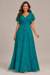 Jovellee Floral Chiffon A-Line Mother of the Bride Dress with Flutter Sleeves