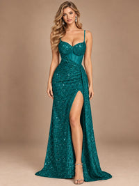 Burgundy Sequin Corset Prom Dress with High Slit