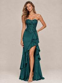 Strapless Lace Appliques Corset Satin Prom Dress Ruffle Slit Evening Gown