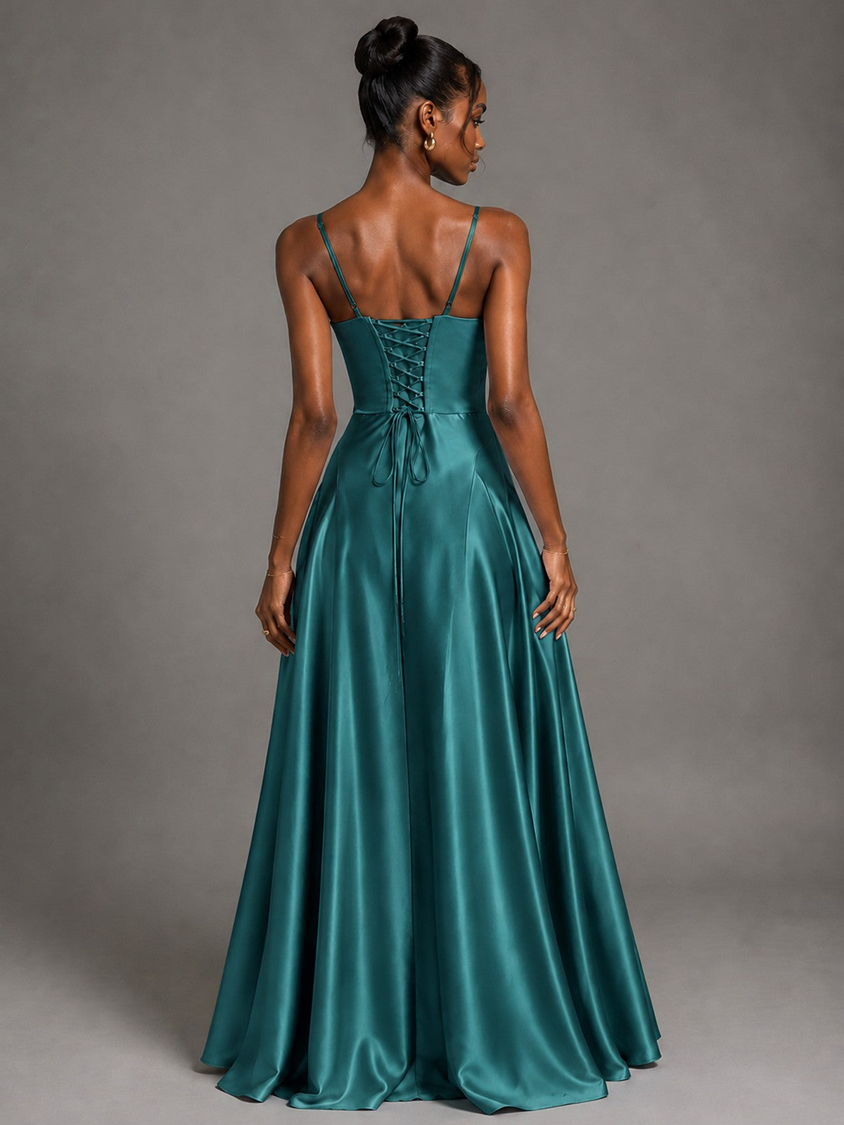 Lavender V Neck Satin Prom Dress with Spaghetti Straps