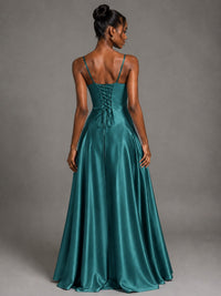 Lavender V Neck Satin Prom Dress with Spaghetti Straps