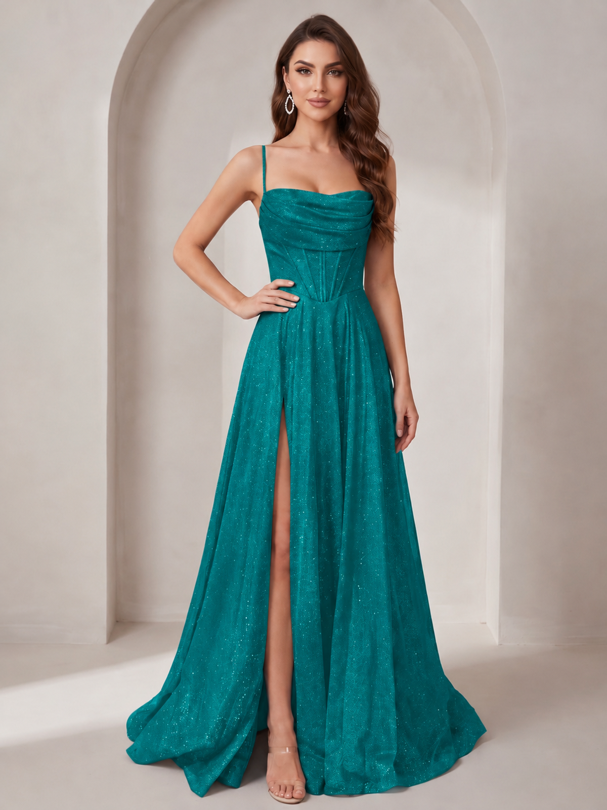 Teal Sparkly Cowl Neck Corset Long Prom Dress with Slit A-line Tulle Ball Gown Formal Evning Party Dress