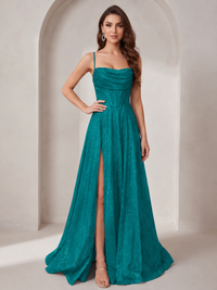 Teal Sparkly Cowl Neck Corset Long Prom Dress with Slit A-line Tulle Ball Gown Formal Evning Party Dress