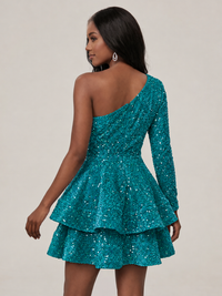 Puffy One Shoulder Sequin Tiered Mini Dress
