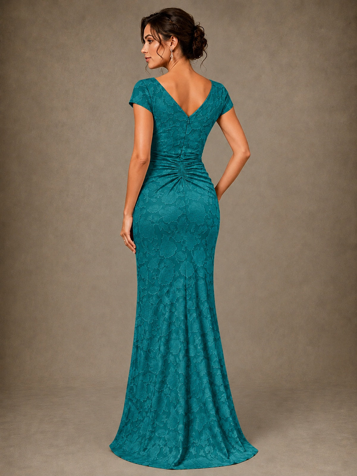 V-Neck Floral Jacquard Mother of the Bride Dress with Slit