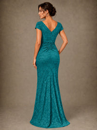 V-Neck Floral Jacquard Mother of the Bride Dress with Slit