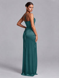 Square Neck Satin Long Prom Dress with Ruffles