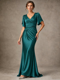 V-Neck Satin Mother of the Bride Dress with Flutter Sleeves
