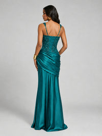 Scoop Neck Sequin Prom Dress with High Slit Satin Formal Gowns