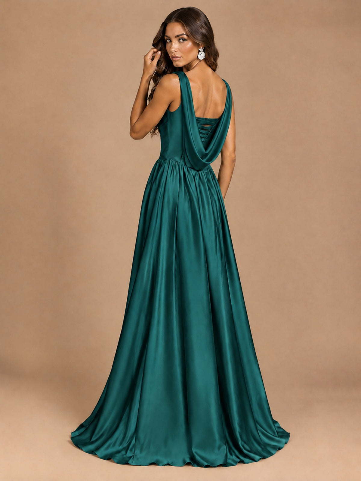 Cowl Neck Pleated Satin Prom Dress with Pockets & Slit Maxi Formal Gowns