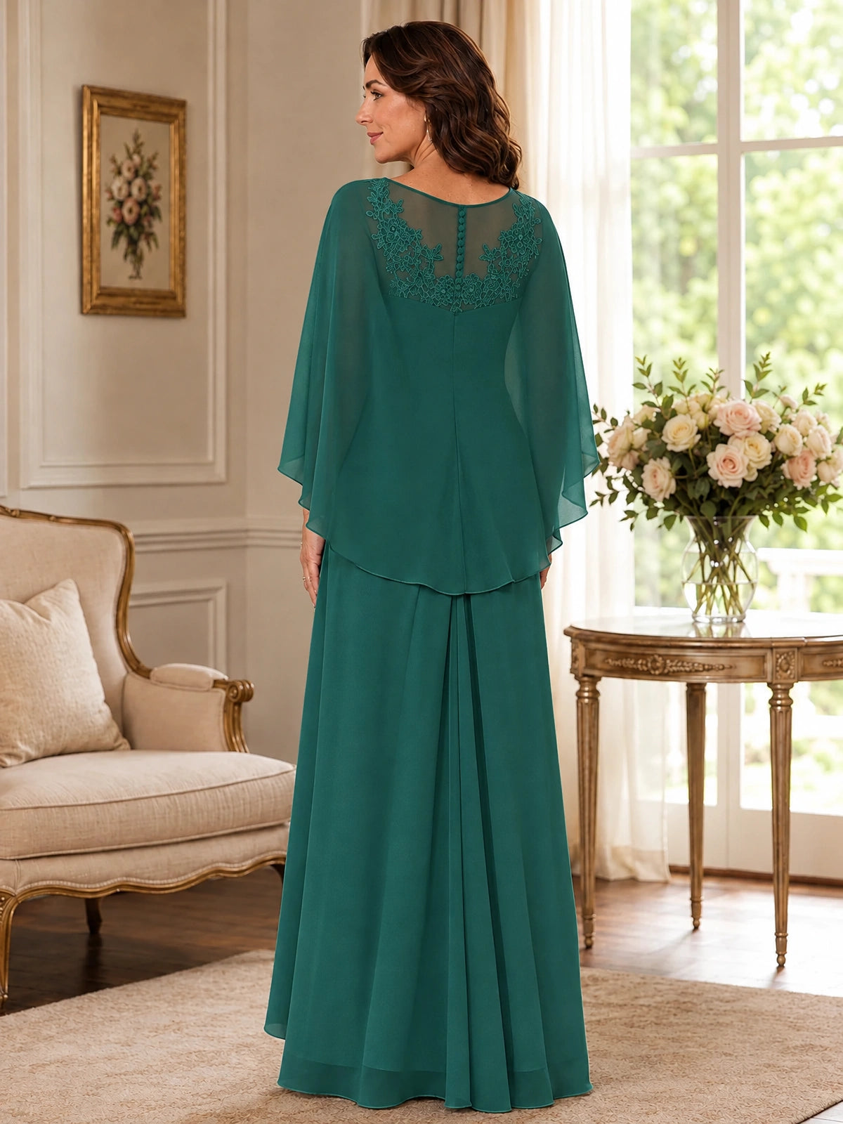 Elegant Chiffon Mother of the Bride Dress with Lace Applique and Cape Sleeves