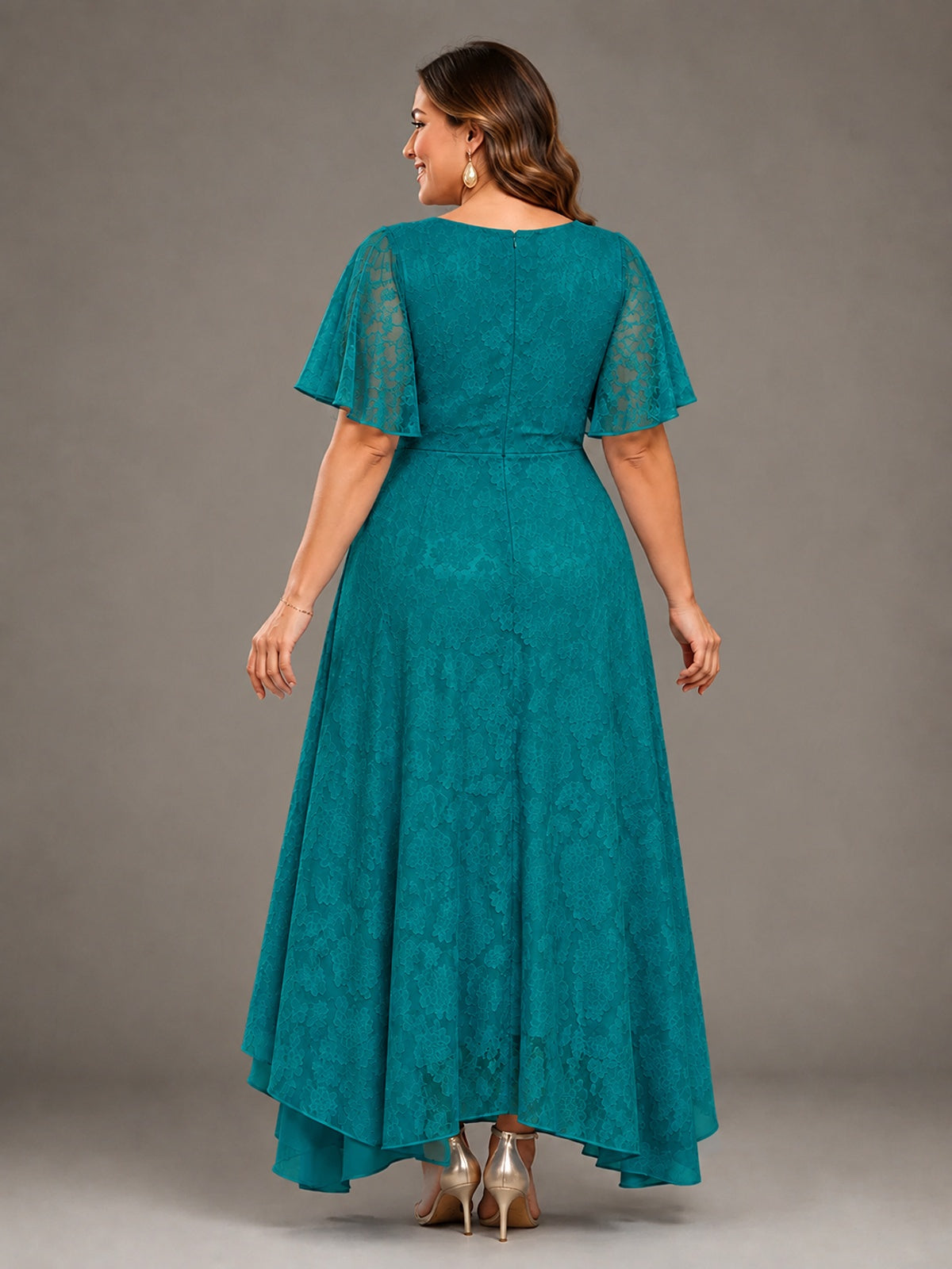 Jacquard Chiffon A-Line V-Neck High-Low Mother of the Bride Dress