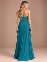 Yellow Strapless A-line Satin Maxi Dress with 3D Floral