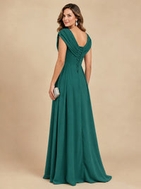 V Neck Pleated Mother of The Bride Dresses with Beading Cap Sleeves